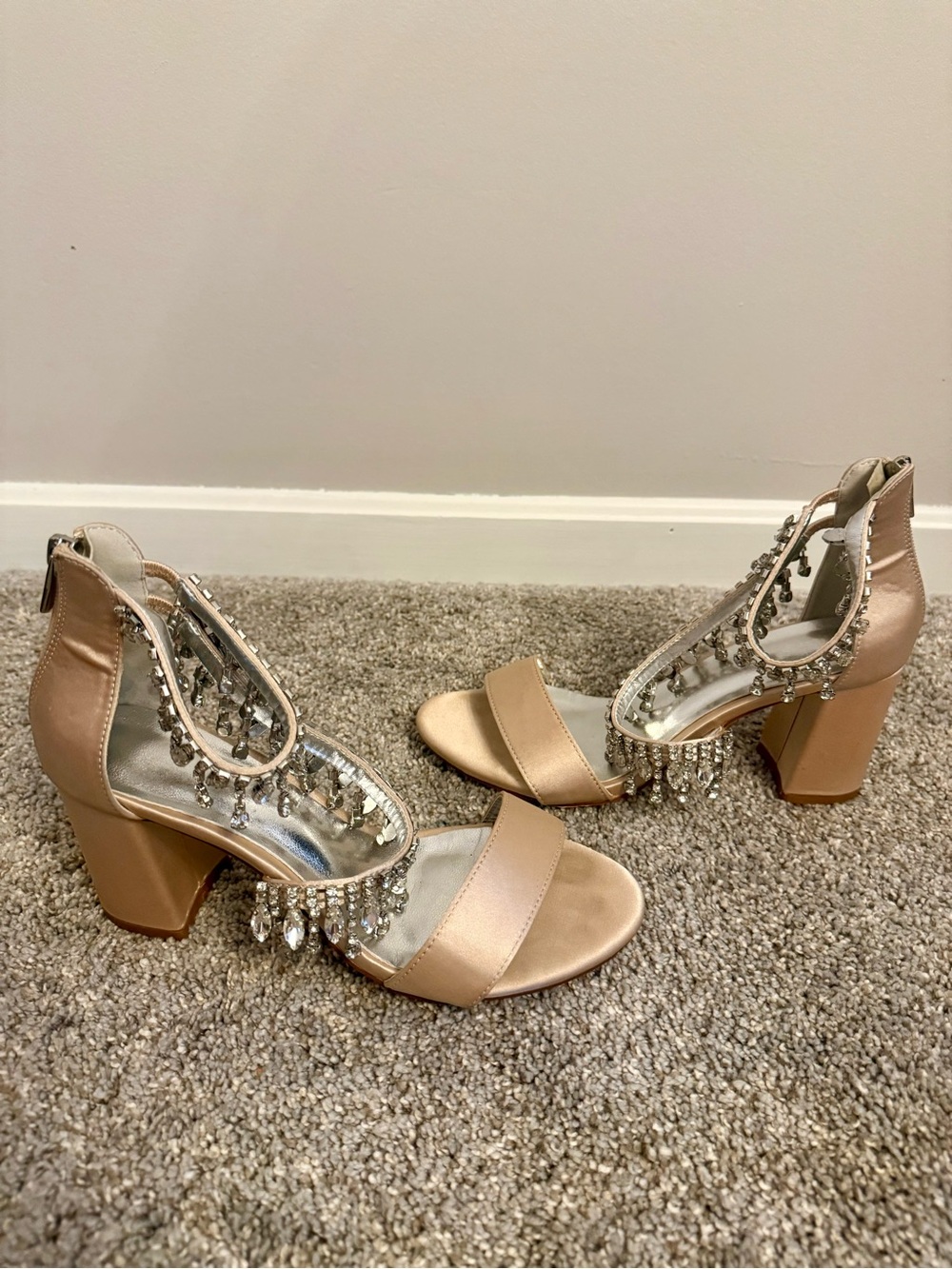 Satin Champagne Block Heel Sandals with Pretty Crystal Fringe